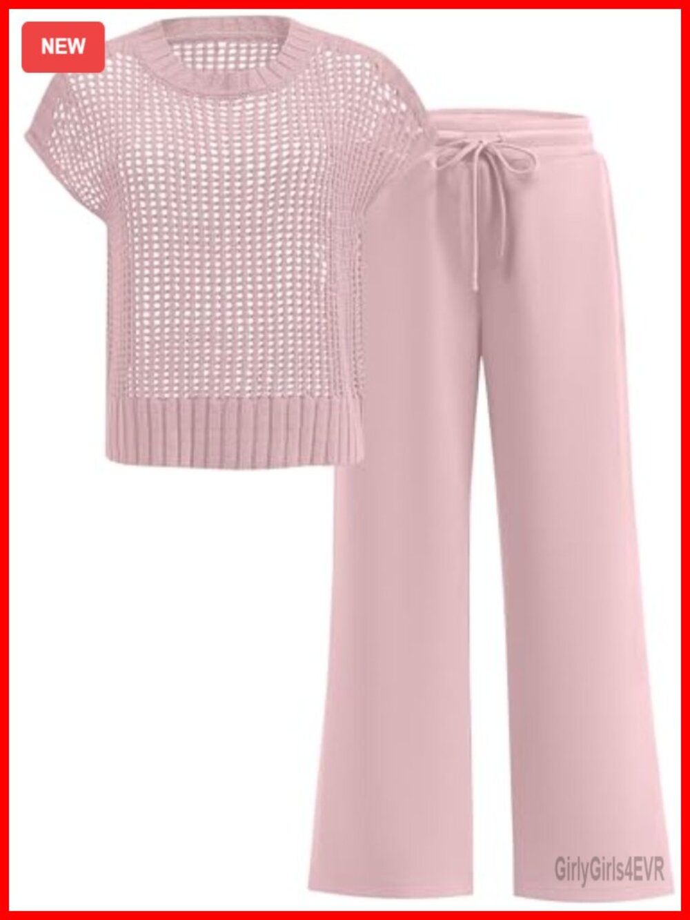 Women's Two Piece Crochet Lounge Set Short Sleeve Sweater Top & Pants